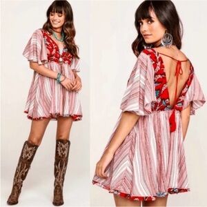 Free People Under The Sun Tunic Mix Media Mini Dress Flutter Sleeves Pockets XS